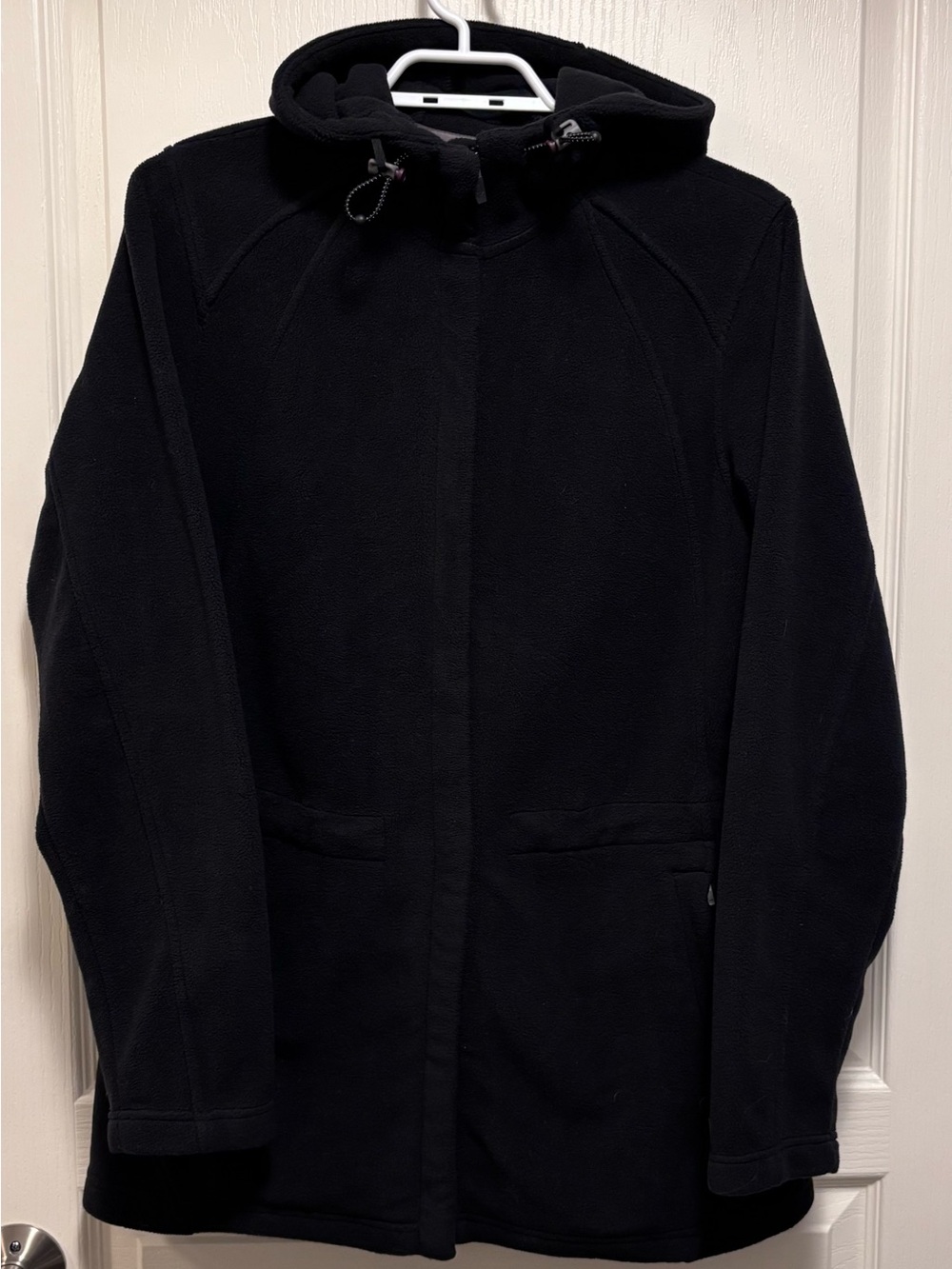 LANDS END Polartec Fleece Jacket zip pockets hood cinch waist sz M (10/12) black